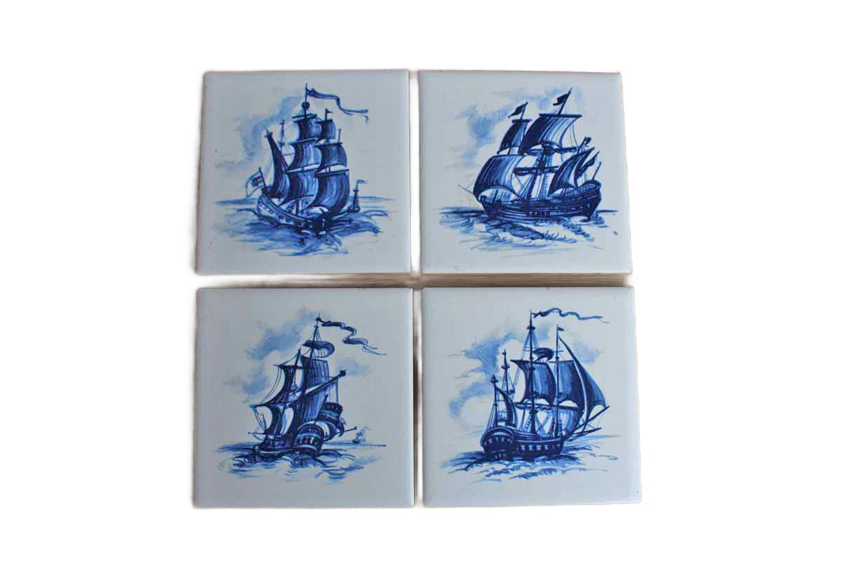 Ceramic Tiles Decorated with Blue Transferred Images of Ships, Set of 4