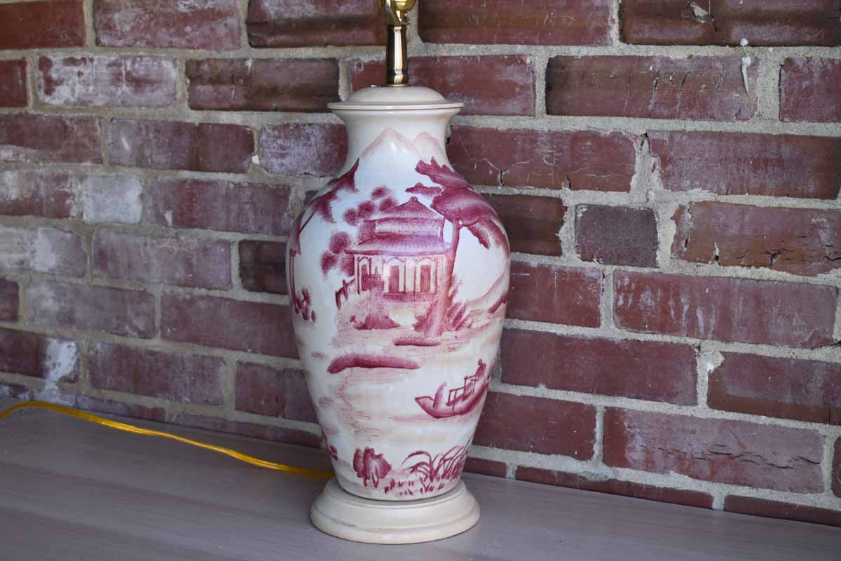 Large Urn-Shaped Ceramic Lamp with Red Hand-Painted Landscape Scene