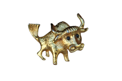 Gold Metal Bull Brooch with Black Bead Eyes