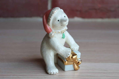 Lenox (China) Porcelain Christmas Bear Cub with Pink Hat and Gold Accents