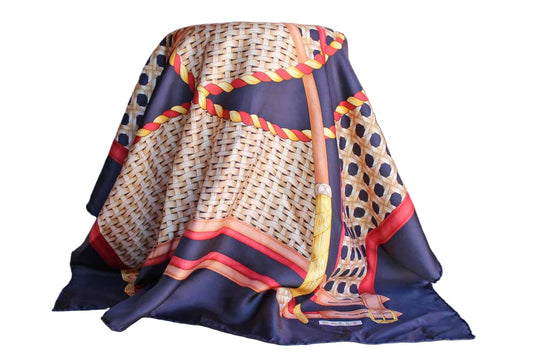 Bally (Switzerland) 100% Silk Scarf Decorated with Belts, Poles, and Baskets