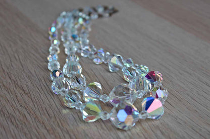 Aurora Borealis Double Strand Graduated Crystal Bead Choker Necklace