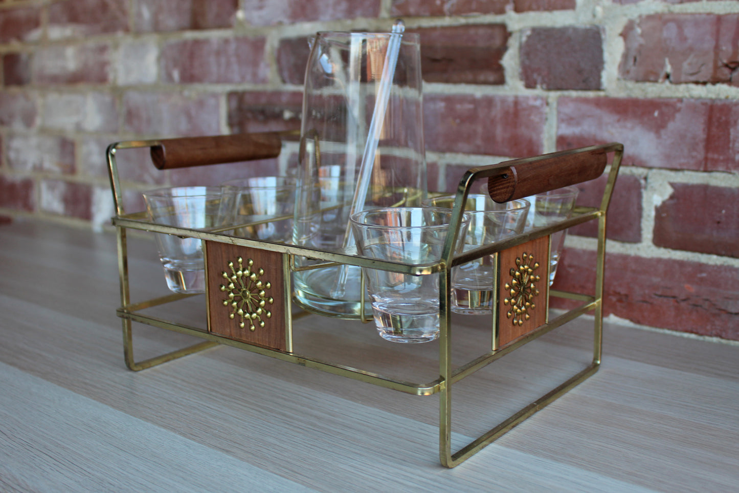 7-Piece Glass Martini Set with Matching Gold Tone Metal and Wood Caddy