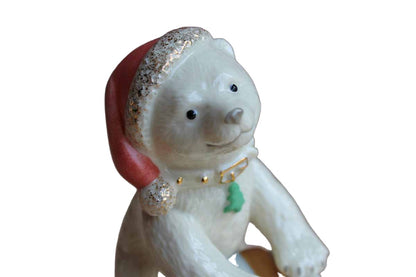 Lenox (China) Porcelain Christmas Bear Cub with Pink Hat and Gold Accents