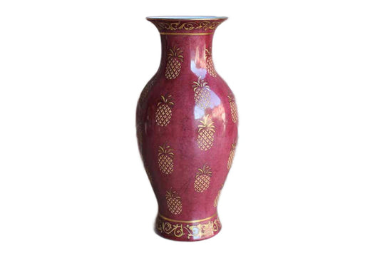 Andrea by Sadek Baluster Shaped Maroon Vase with Gold Pineapples and Floral Scroll