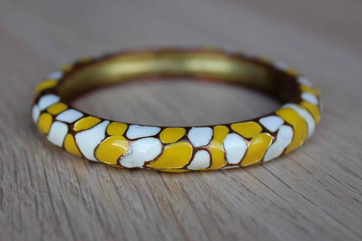 Yellow and White Patterned Enamel and Brass Bracelet