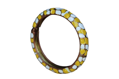 Yellow and White Patterned Enamel and Brass Bracelet