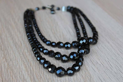 Black Graduated Faceted Glass Bead Triple Strand Necklace, Made by Laguna