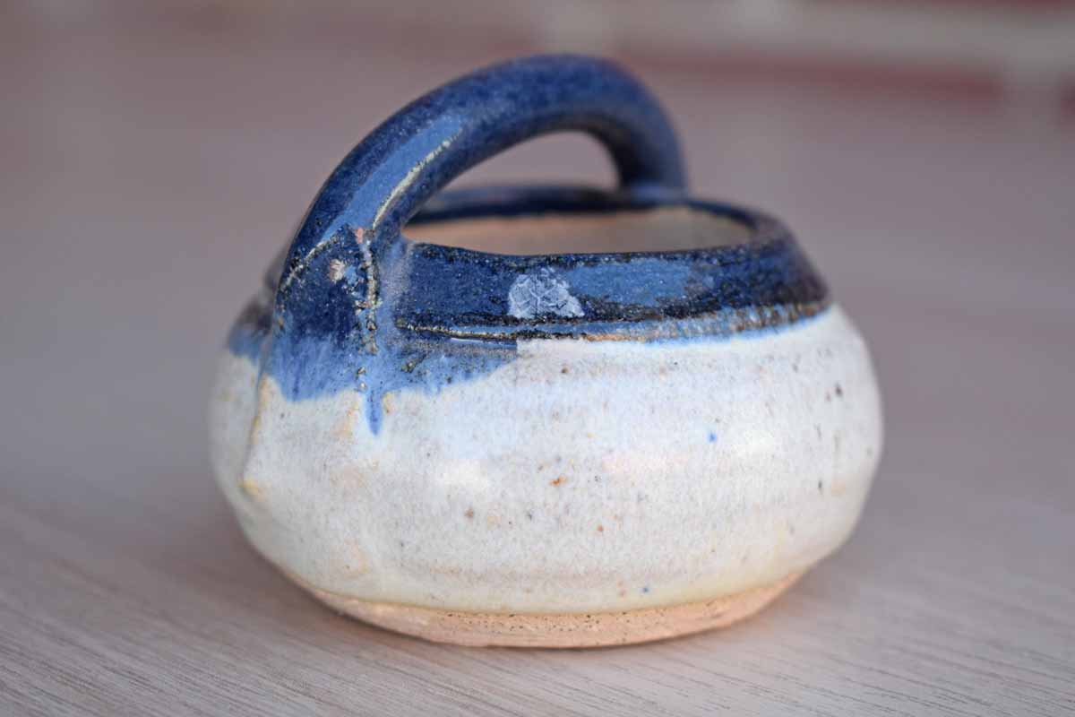Small Blue and White Stoneware Bowl with Handle
