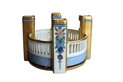 Porcelain Bud Vase with 4 Little Gilded Posts on Round Base, Decorated with Hand-Painted Flowers, Made in Germany