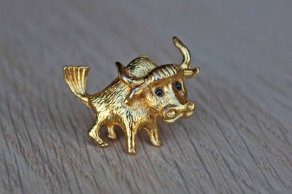 Gold Metal Bull Brooch with Black Bead Eyes