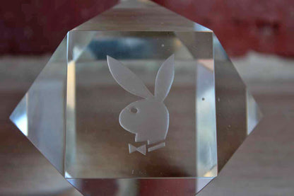 Cut Crystal Paperweight with Etched Playboy Bunny Head Logo