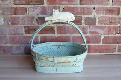 Hand Woven Blue Painted Basket with Decoratively Carved Cat