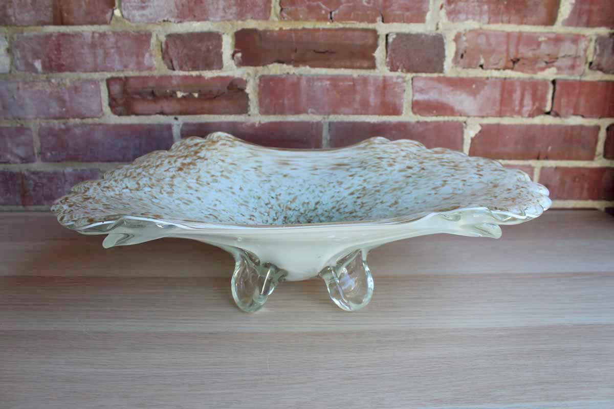 Large and Heavy Footed Glass Centerpiece Bowl with Gold Swirls and Flecks