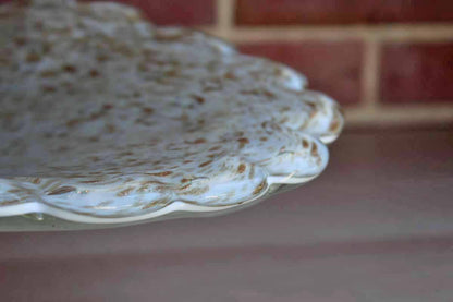 Large and Heavy Footed Glass Centerpiece Bowl with Gold Swirls and Flecks