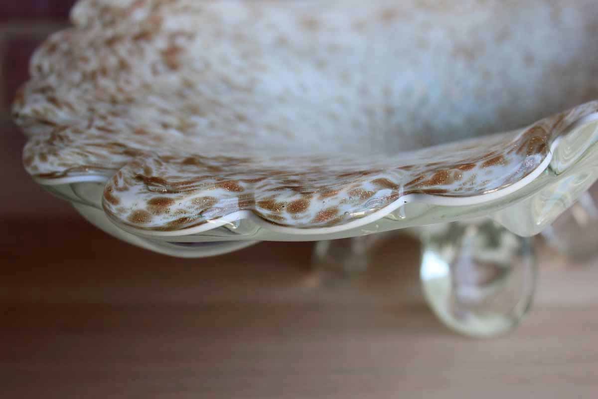 Large and Heavy Footed Glass Centerpiece Bowl with Gold Swirls and Flecks