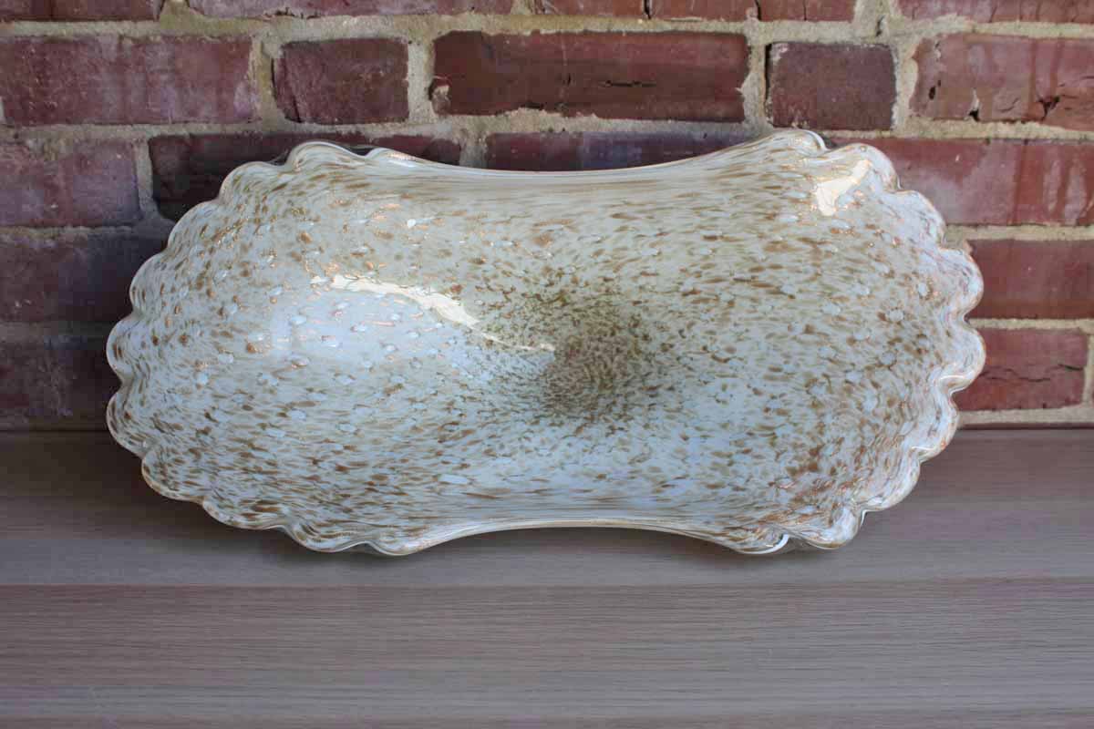 Large and Heavy Footed Glass Centerpiece Bowl with Gold Swirls and Flecks