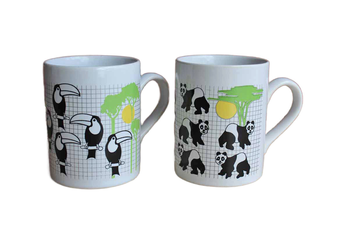 Kiln Craft (Staffordshire, England) Ceramic Drink Mugs Decorated with Toucans and Pandas