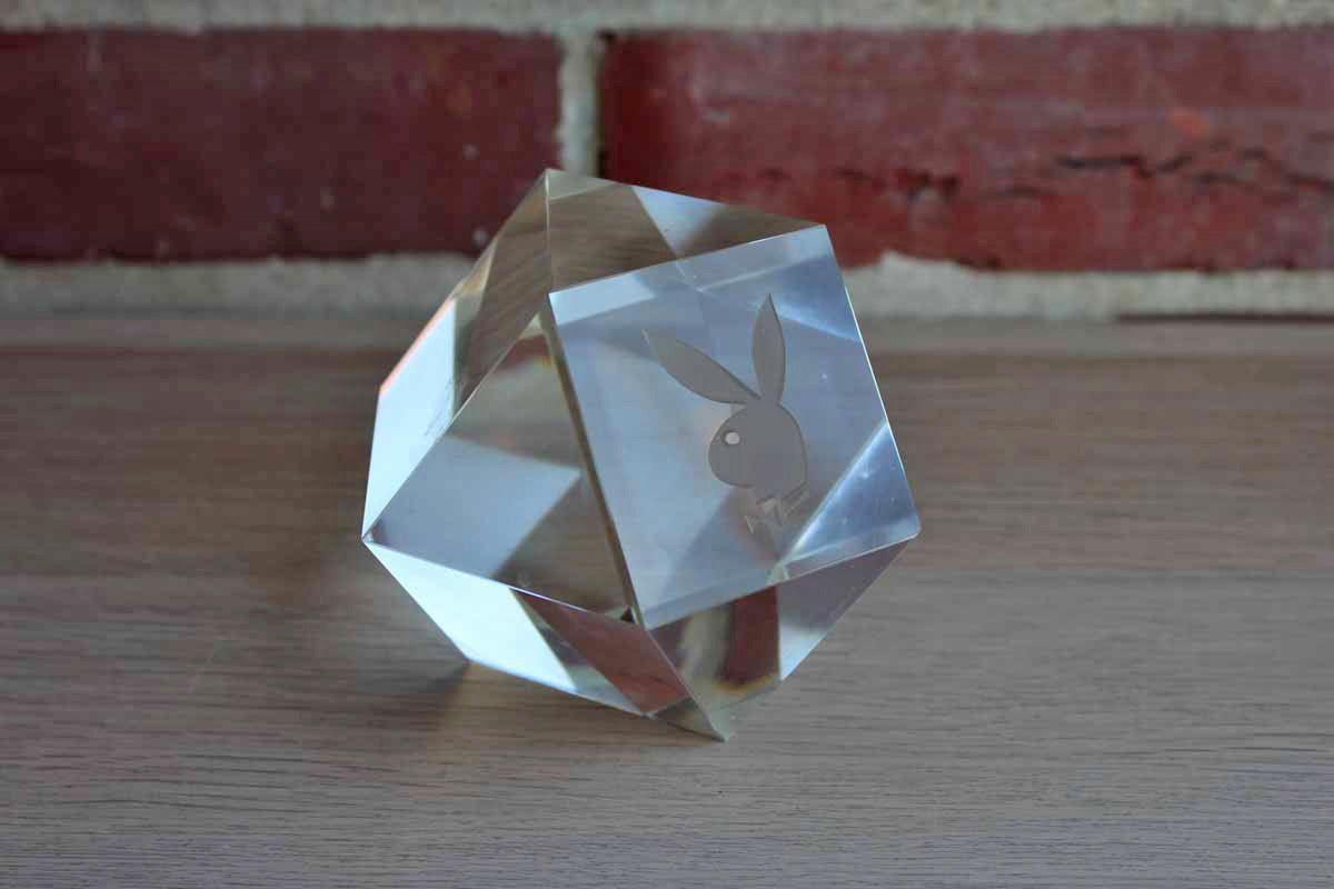 Cut Crystal Paperweight with Etched Playboy Bunny Head Logo