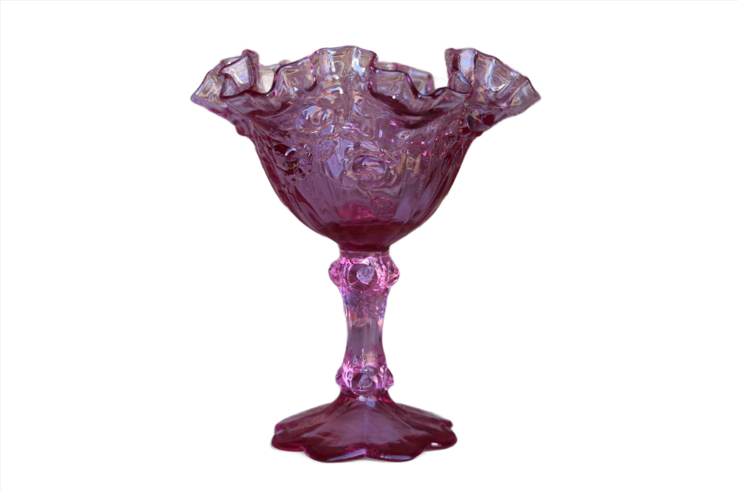 Magenta Glass Crimped Edge Pedestal Candy Dish