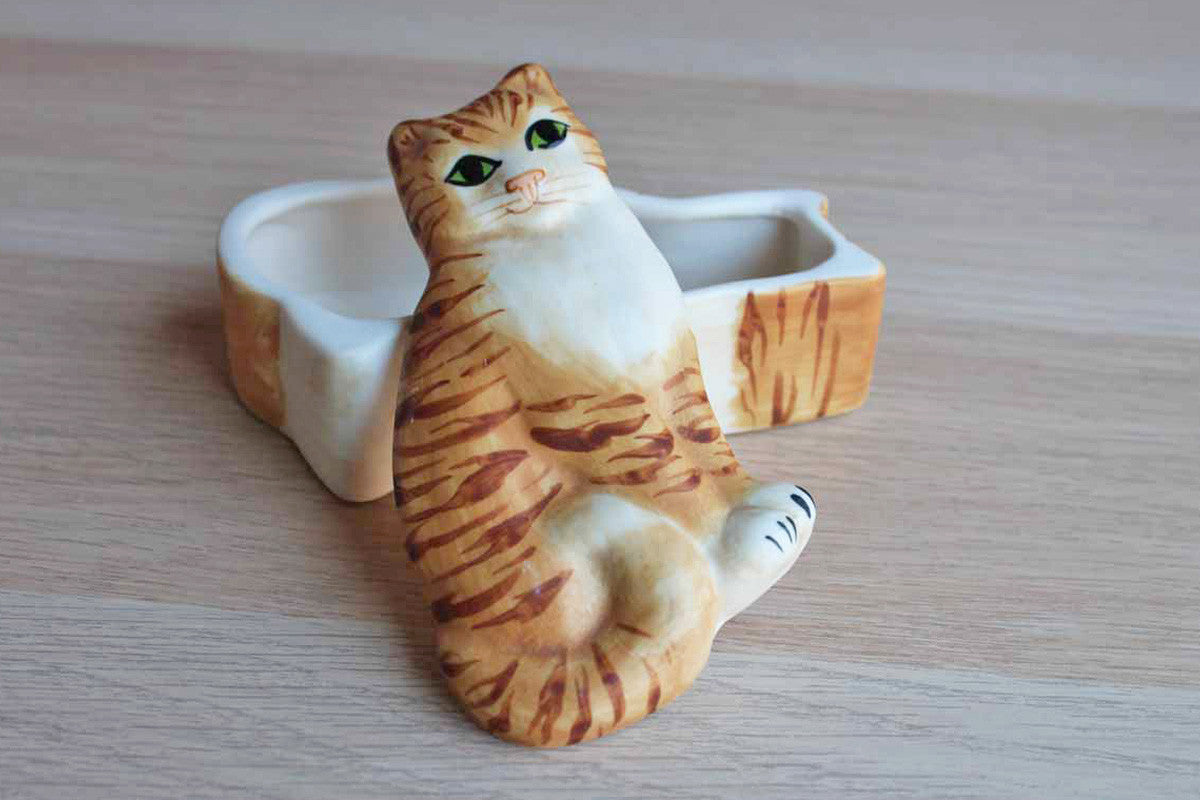 Carol Halmy Porcelain Tabby Cat Shaped Trinket Box