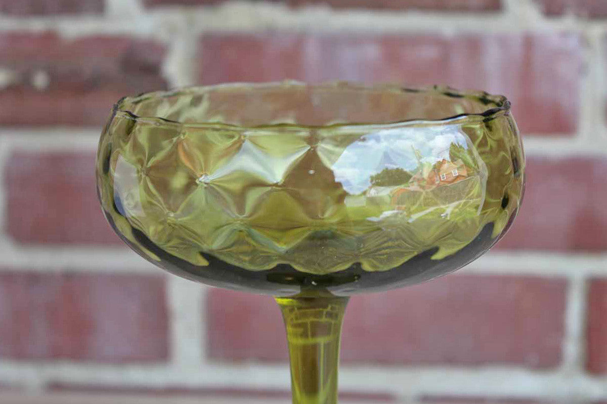 Green Long Stemmed Italian Art Glass Compote with Diamond Optic Pattern