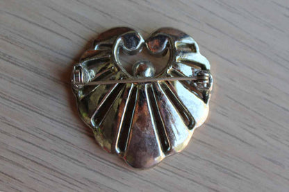 Clamshell Shaped Brooch with Pave Set Silver Rhinestones and Faux Pearl Accent