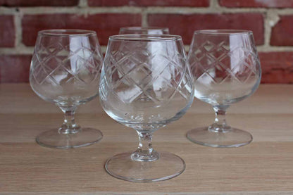 Small Clear Brandy Snifters with Etched Crosshatch Design, 4 Pieces