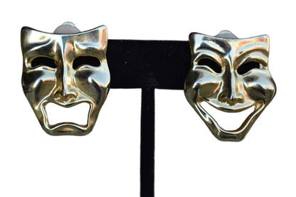 Gold Tone Non-Pierced Comedy and Tragedy Mask Earrings