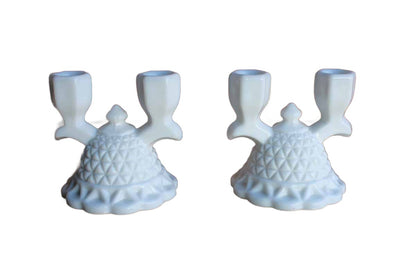 Imperial Glass Company (Ohio, USA) Milk Glass Laced Edge Double Branch Candlesticks, A Pair