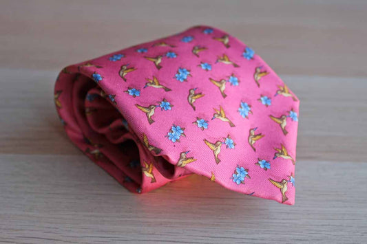 Brooks Brothers (New York, USA) 100% Silk Necktie Decorated with Flowers and Hummingbirds