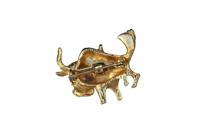 Gold Metal Bull Brooch with Black Bead Eyes
