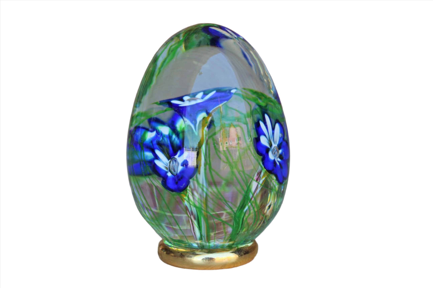 Blown-Glass Egg with Blue Flowers, Made in Italy