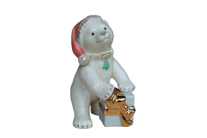 Lenox (China) Porcelain Christmas Bear Cub with Pink Hat and Gold Accents