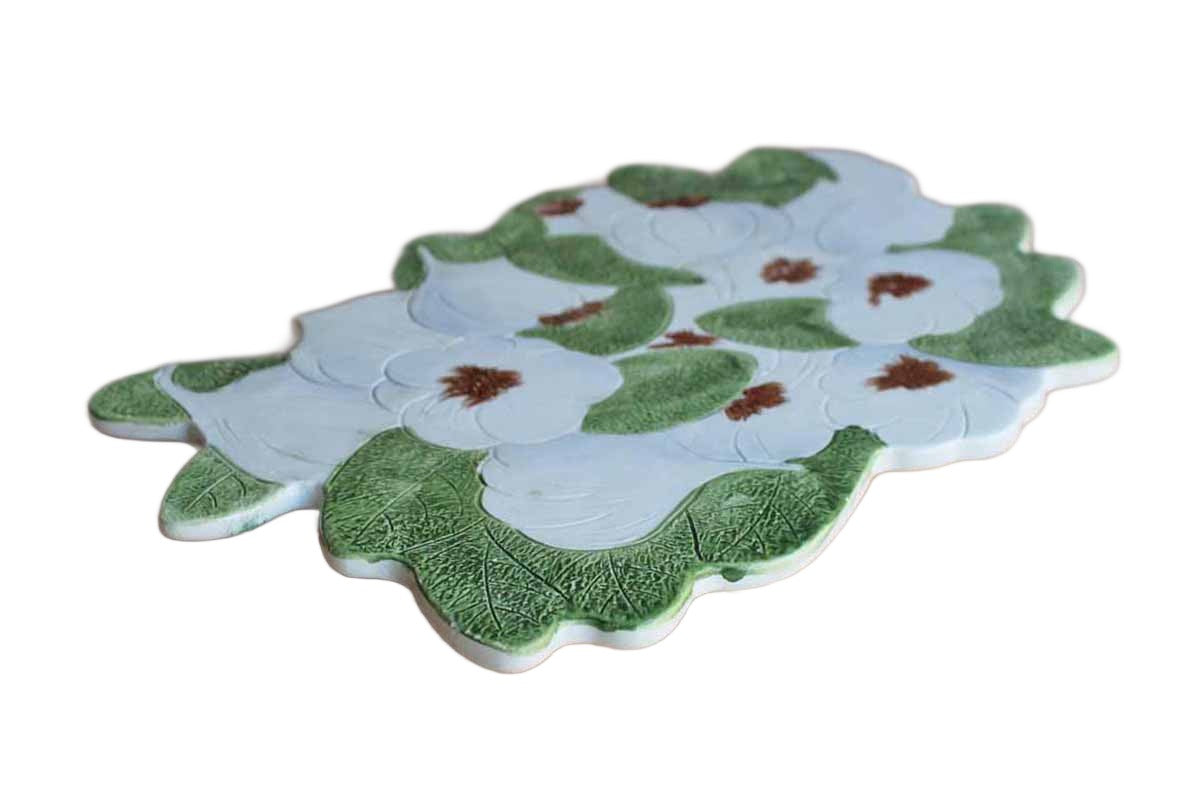 Ceramic Trivet Decorated with Green and White Gardenias