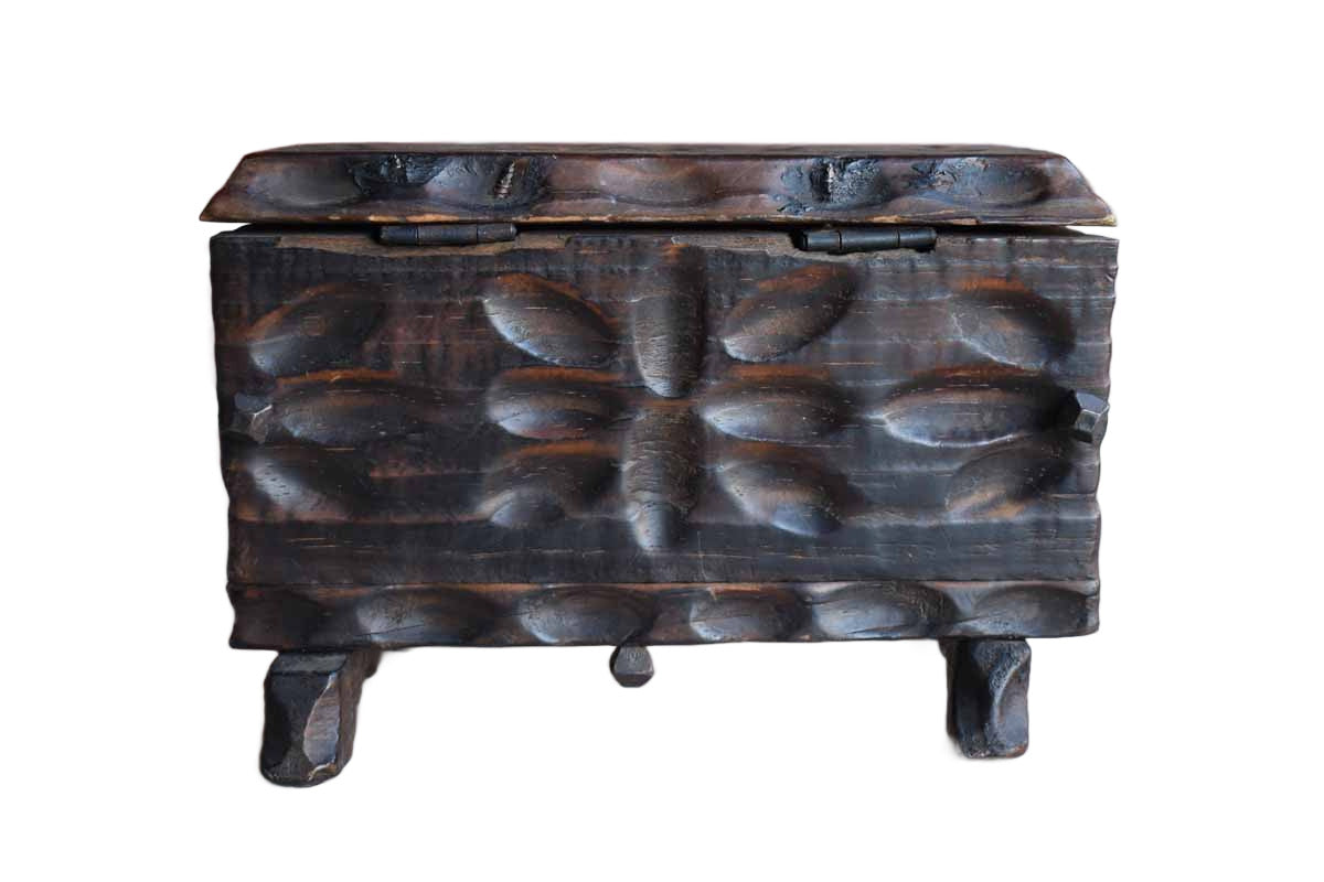 Handmade Primitive Wooden Lidded Box with Flower Petal Designs