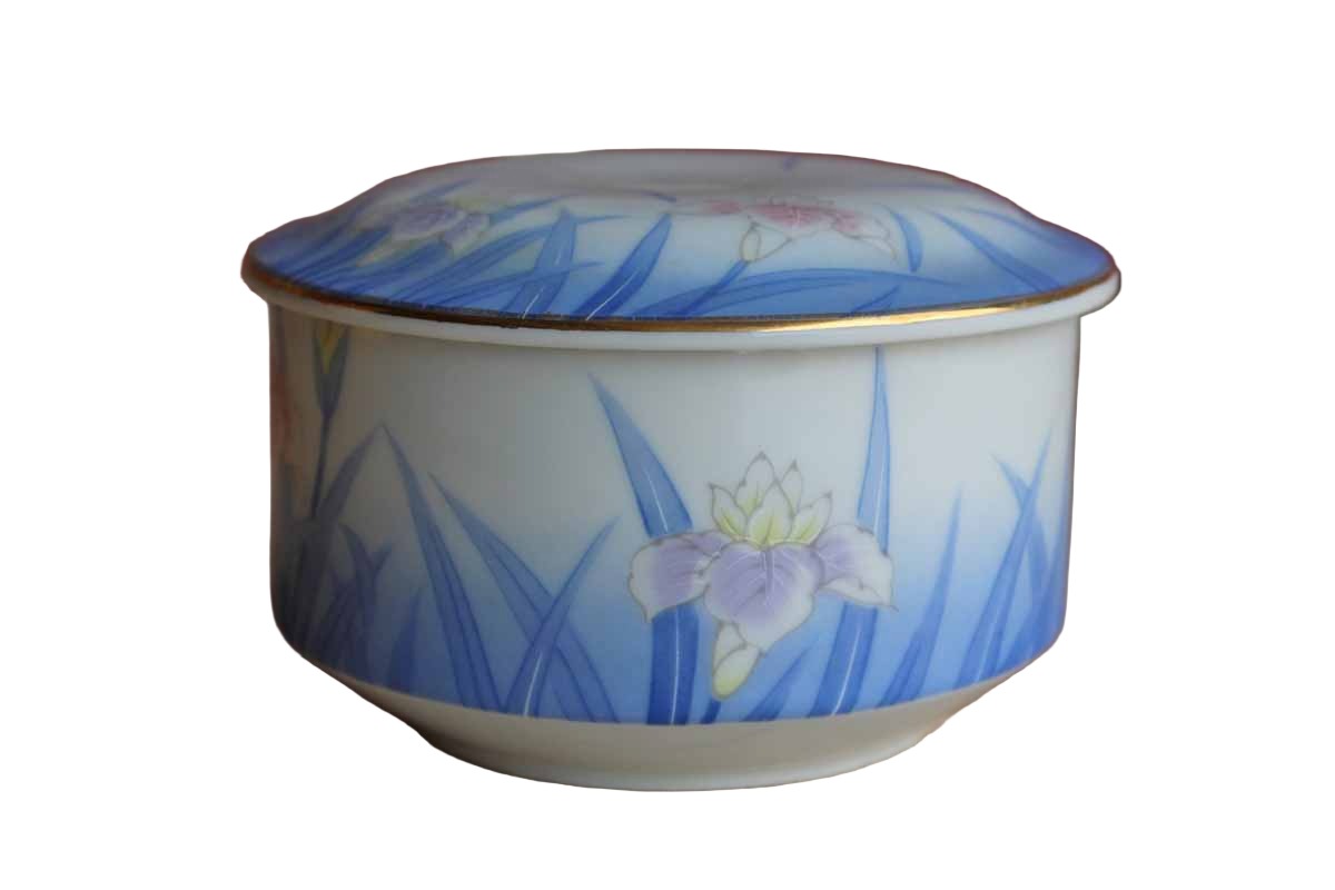 Otagiri Merchantile Company (Japan) Ceramic Box with Pink and Purple Iris and Blue Grass