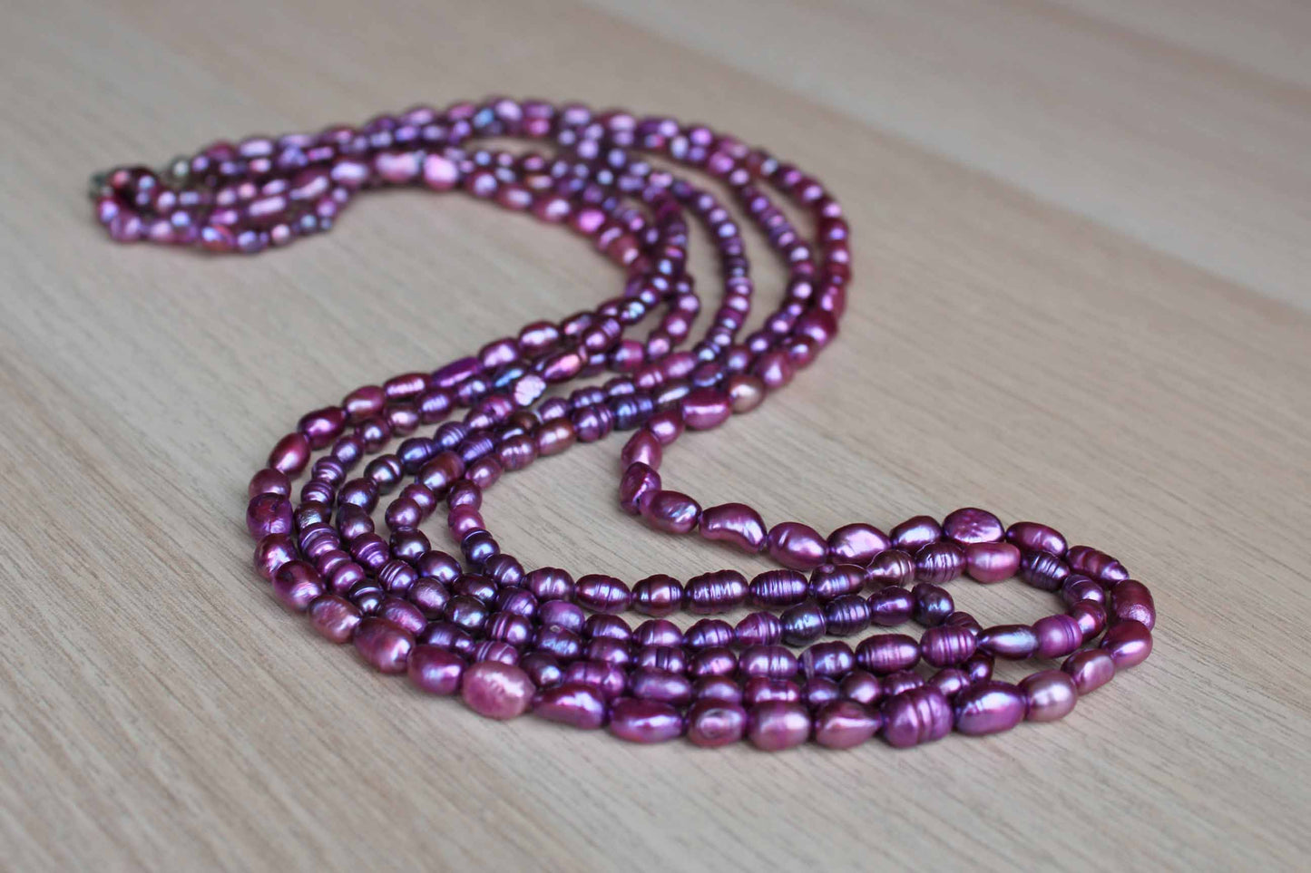 Iridecent Triple Strand Purple Pearl Beads Necklace
