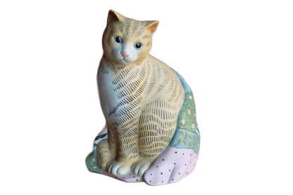 Mary Lake-Thompson for Silvestri (Taiwan) Porcelain Ginger Cat Wrapped in Patchwork Quilt Figurine