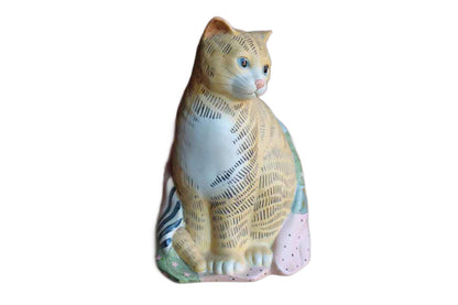 Mary Lake-Thompson for Silvestri (Taiwan) Porcelain Ginger Cat Wrapped in Patchwork Quilt Figurine