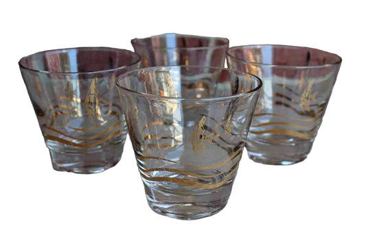 Fred Press Old Fashioned Glasses with Gold Swimming Fish and Waves, Set of 4