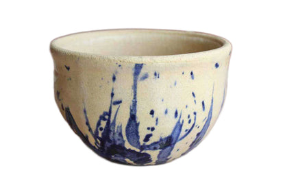 Small Primitive Handmade Earthenware Bowl with Cobalt Blue Splattered Design