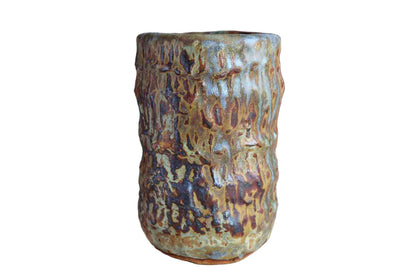 Heavy Primitive Handmade Earthenware Vase or Storage Container with Brown and Bluish-Gray Glaze