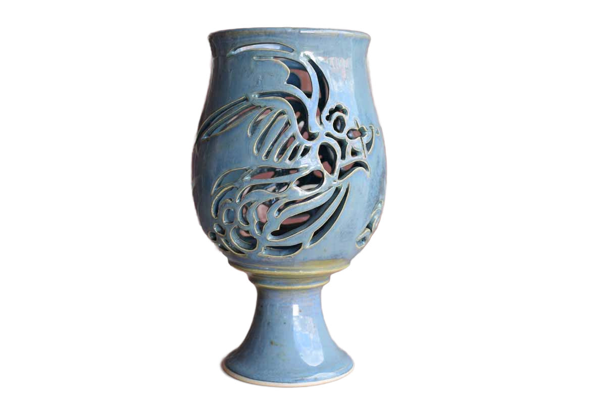 Blue Ceramic Chalice-Shaped Votive with Incised Bird Designs