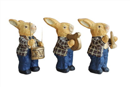 Three Faux Wood Painting Rabbits Playing Instruments