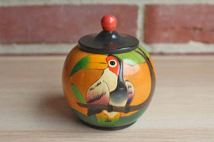 Wood Lidded Trinket Box with Tropical Bird and Fauna Carvings