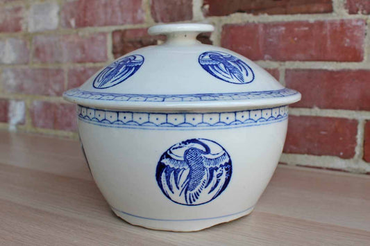 Blue and White Lidded Soup Tureen with Asian Bird Designs