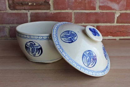 Blue and White Lidded Soup Tureen with Asian Bird Designs
