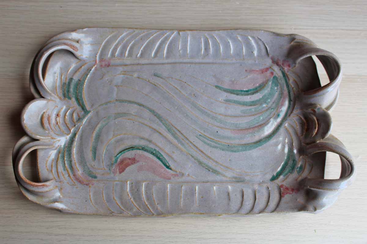 Stoneware Handled Tray with Pink and Aqua Swirling Pattern