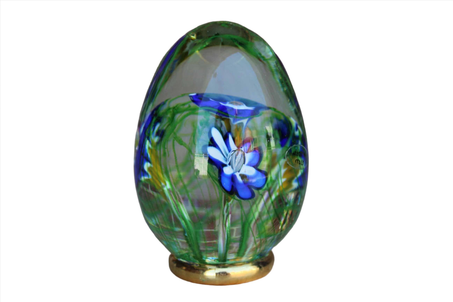 Blown-Glass Egg with Blue Flowers, Made in Italy